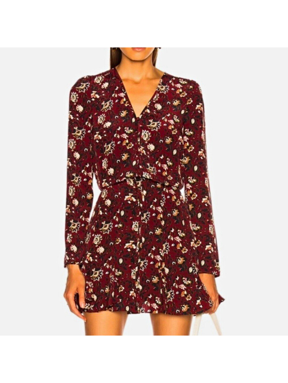 Veronica Beard Size 14 100% Silk Floral Dress Burgundy Long Sleeve Ruffle